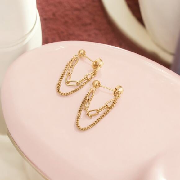 NEW 18K yellow gold plated double chain dangle drop earrings jewelry B25A - Picture 10 of 10